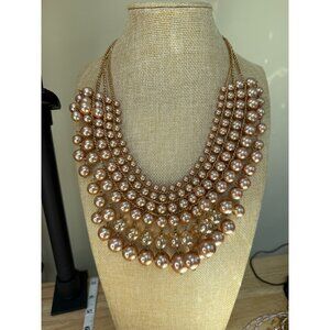 Gold Tone Multi-Layered Faux Pearl Statement Necklace With Clear Beads & Adjusta